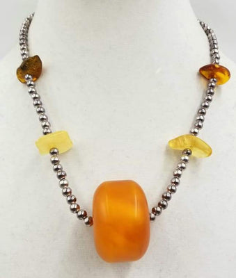 Vintage pure silver beads & Baltic amber necklace with sterling clasp.
