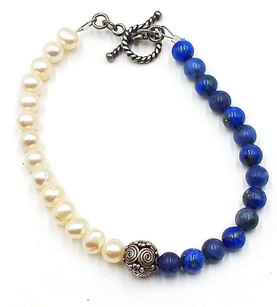 SOLD! Lapis lazuli, pearl, sterling silver toggle bracelet.