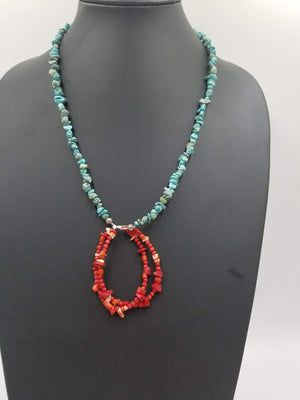 Adjustable sterling, turquoise, howlite, Navajo style necklace, coral pendant. 23-26