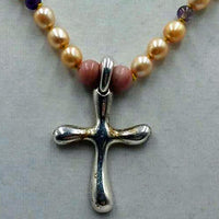 Cross necklace made of pearls & amethyst & sterling silver.