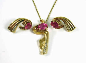 Vegan. Stunning Bird of Paradise necklace & earrings Set. Tourmaline, Diamonds, & 14KYG.