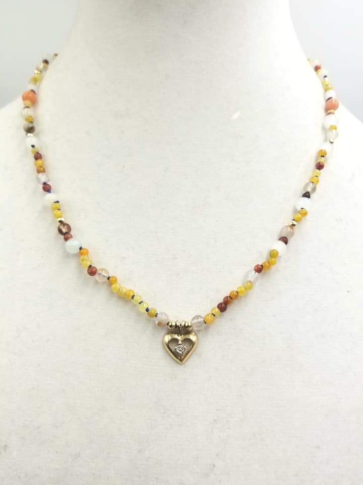 Multi-color Jadeite, sunstone, 14KYG, diamond pendant necklace, hand-knotted with blue silk.