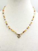 Multi-color Jadeite, sunstone, 14KYG, diamond pendant necklace, hand-knotted with blue silk.