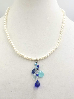 Pearl & art glass, sterling silver pendant necklace with adjustable clasp.