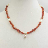 Fire opal & pearl 14KYG pendant necklace on blue silk. Very special necklace at 19" Princess length.