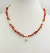 Fire opal & pearl 14KYG pendant necklace on blue silk. Very special necklace at 19" Princess length.