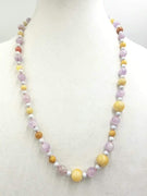Multi-color jadeite & lace agate, 14KYG necklace on pink silk. 26" Matinee length.