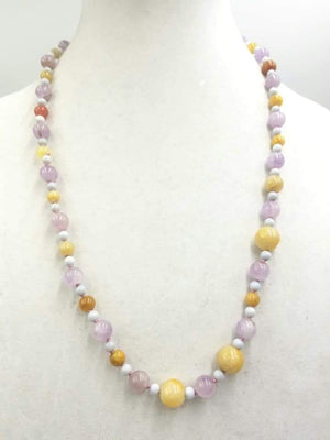 Multi-color jadeite & lace agate, 14KYG necklace on pink silk. 26