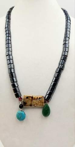"Cave of Wonders" Bold! Hematite, agate, dyed quartz, onyx, howlite sterling accent necklace on raspberry silk. 32" Opera Length
