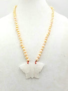 Icy white jadeite butterfly & golden pearl necklace with hand-knotted crimson silk. 25" length.