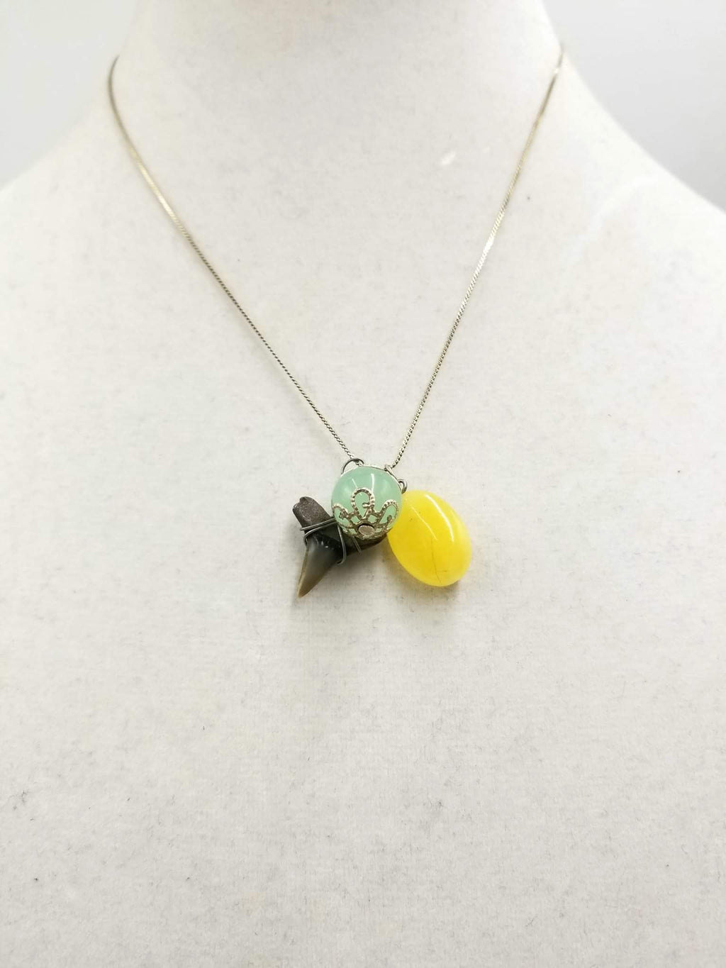 Past Work. Shark tooth, agate & aventurine charms on sterling silver chain necklace. SOLD