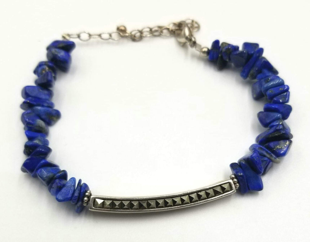 Vegan-wear. Adjustable sterling silver, lapis lazuli, and marcasite unisex bracelet.