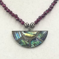 Past Work. Spectacular! Vintage abalone & sterling silver pendant on faceted garnet necklace. /Sold