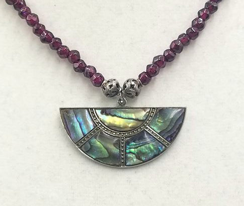 Past Work. Spectacular! Vintage abalone & sterling silver pendant on faceted garnet necklace. /Sold