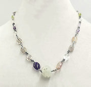 PRICE REDUCED So pretty! Amethyst, citrine, clear quartz, & peridot necklace, with prehnite focal. Hand-knotted with blue silk.