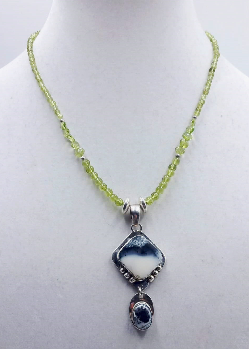 For the forest fairy mod. Peridot, dendritic glass, agate, & sterling silver pendant necklace. Vegan.