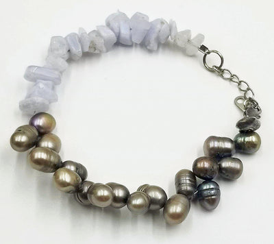 Adjustable sterling silver, lace agate, and pearl bracelet. 6.25