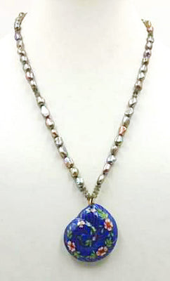 Cloisonne Nautilus pendant adjustable necklace, sterling silver, pearl, labradorite.