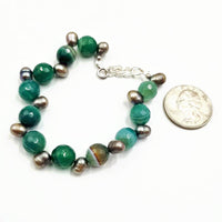 PRICE REDUCED! Adjustable sterling silver green banded agate and grey pearl bracelet.