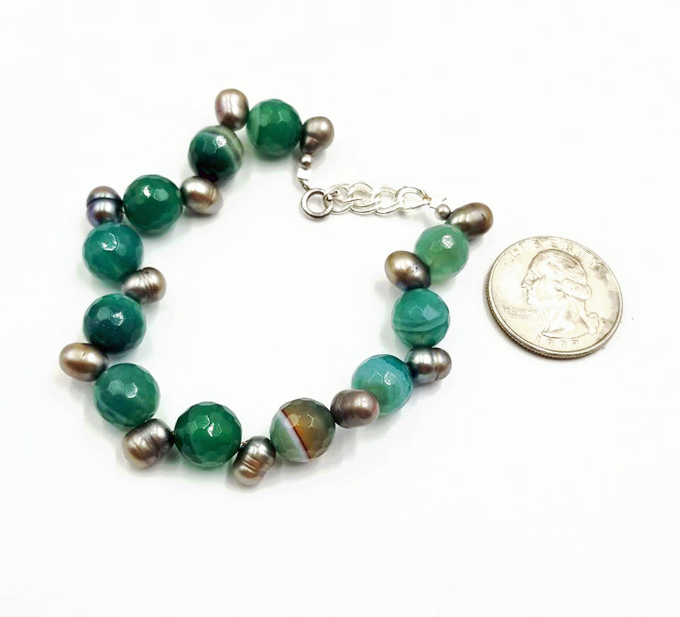 Adjustable sterling silver green banded agate and grey pearl bracelet.