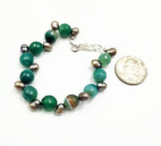 PRICE REDUCED! Adjustable sterling silver green banded agate and grey pearl bracelet.