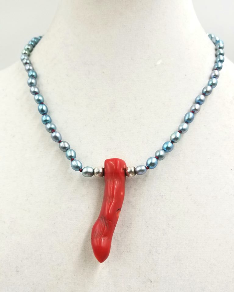 Blue dyed pearls and heavy sterling silver necklace with branch
