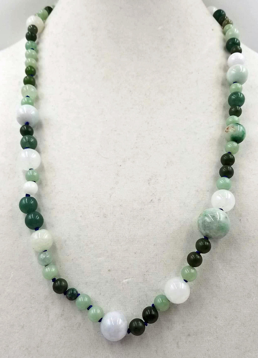 Classic. Green & white jadeite, nephrite necklace on silk. 27" MatineeClass length.