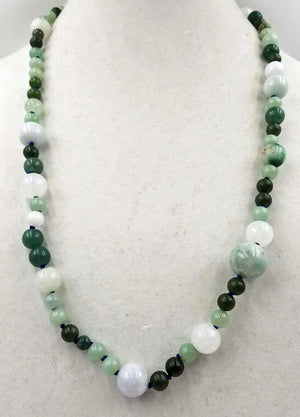 Classic. Green & white jadeite, nephrite necklace on silk. 27" MatineeClass length.