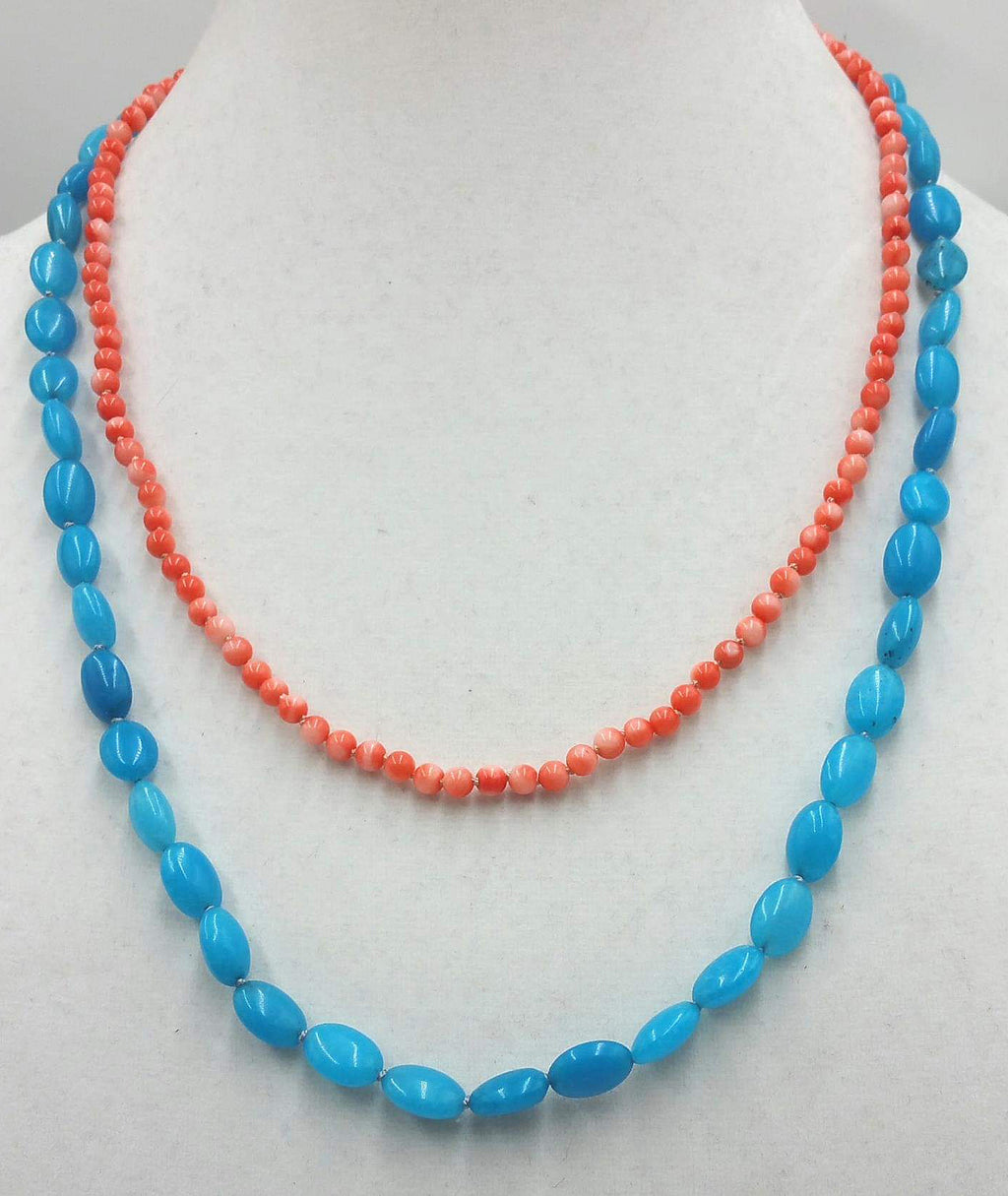 Two strand blue quartz and peach coral sterling toggle necklace on pink and grey silk. 20 in Matenee