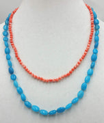 PRICE REDUCED Two strand blue quartz and peach coral sterling toggle necklace on pink and grey silk. 20 in Matenee
