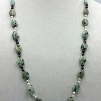 Kiwi agate, bi-tone freshwater cultured pearls & amazonite necklace on black silk.