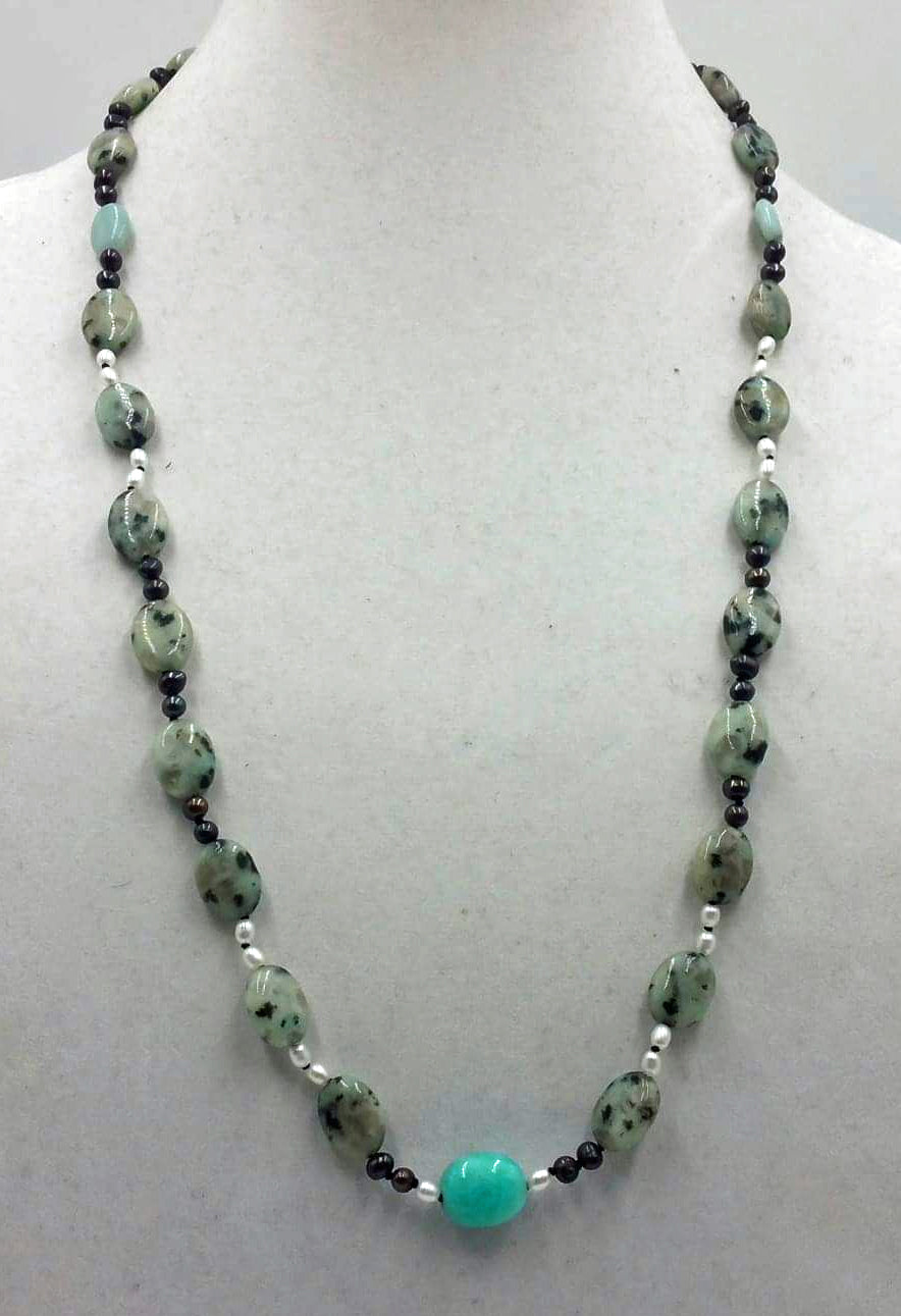 Kiwi agate, bi-tone freshwater cultured pearls & amazonite necklace on black silk.