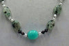 Kiwi agate, bi-tone freshwater cultured pearls & amazonite necklace on black silk.