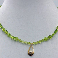 Vintage, 10K Yellow Gold, peridot & glass pearls & pearl pendant, hand-knotted canary yellow silk.