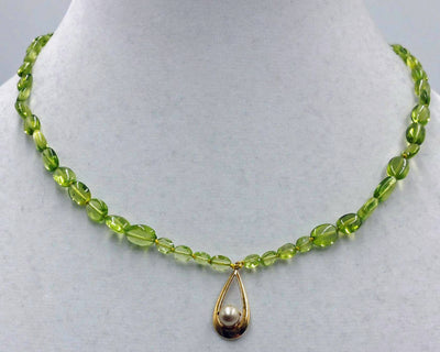 Vintage, 10K Yellow Gold, peridot & glass pearls & pearl pendant, hand-knotted canary yellow silk.