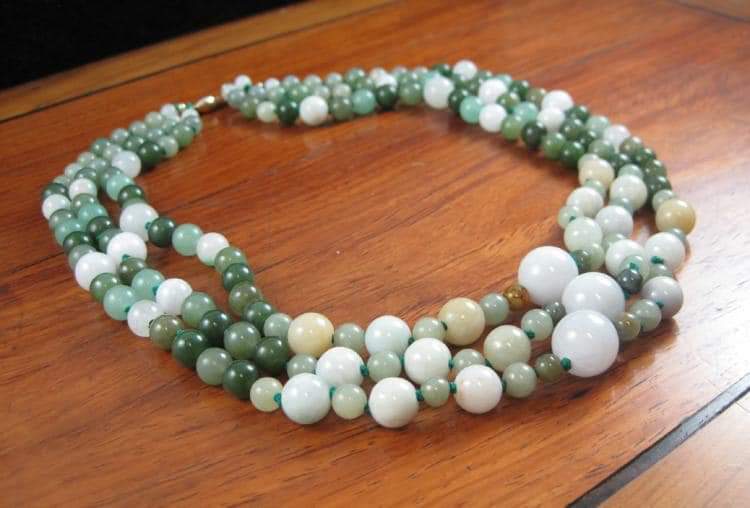 Gorgeous! Mult-color jadeite, nephrite, and hard-stone, three strand 14KYG necklace.