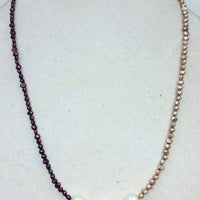 Long tri-tone (cranberry, white, & pale peach) pearl and art glass sterling silver necklace.