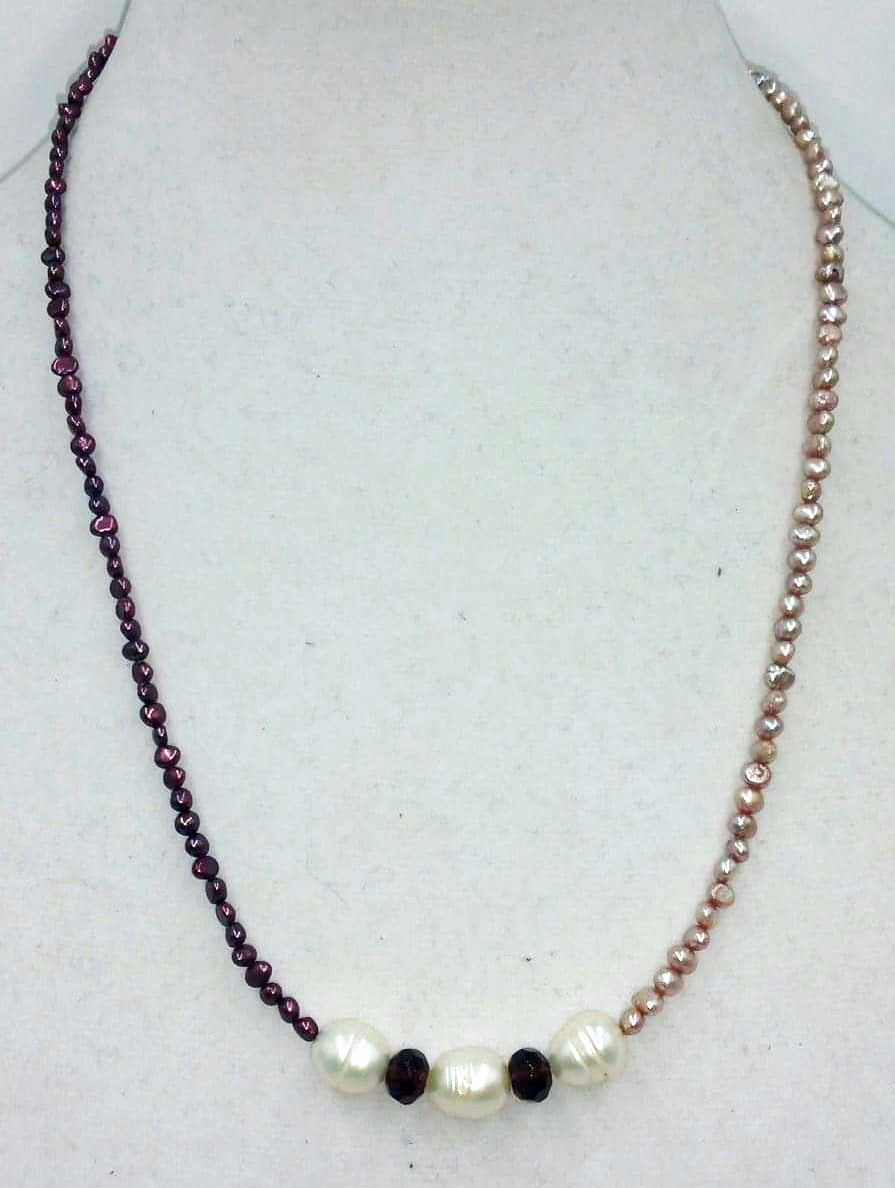 Long tri-tone (cranberry, white, & pale peach) pearl and art glass sterling silver necklace.