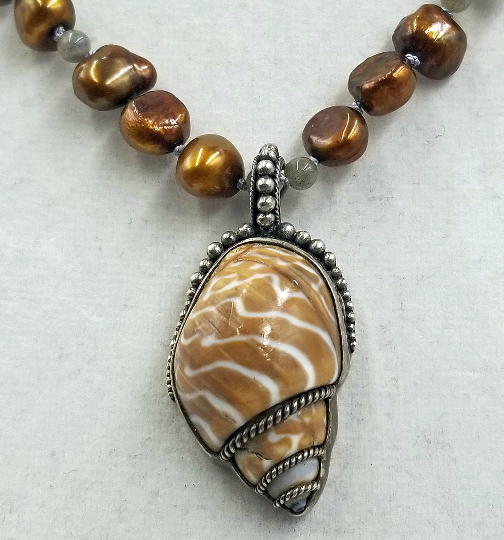 Past Works. Bronze pearl shell pendant, labradorite, & sterling silver necklace on dove grey silk. Sold.