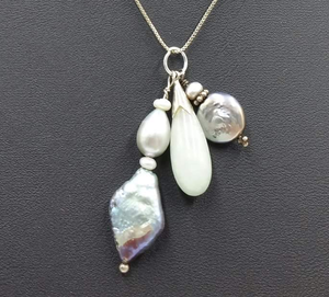 Past Works. Pearls, jadeite sterling silver triple charms necklace. Sold.