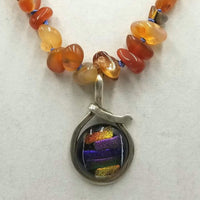 Vintage carnelian & fire opal necklace with bold dichroic glass & sterling silver pendant. 27.5" Length.