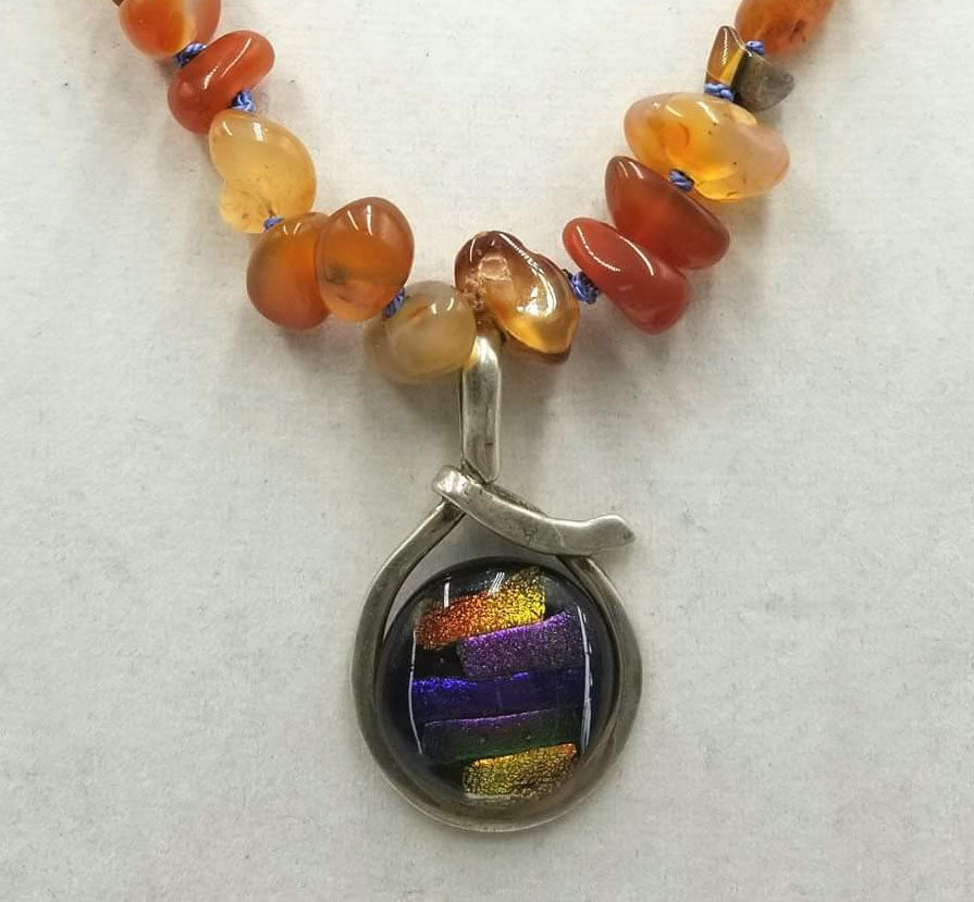 Vintage carnelian & fire opal necklace with bold dichroic glass & sterling silver pendant. 27.5" Length.