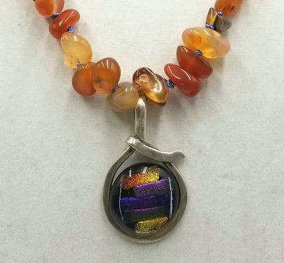 Vintage carnelian & fire opal necklace with bold dichroic glass & sterling silver pendant. 27.5