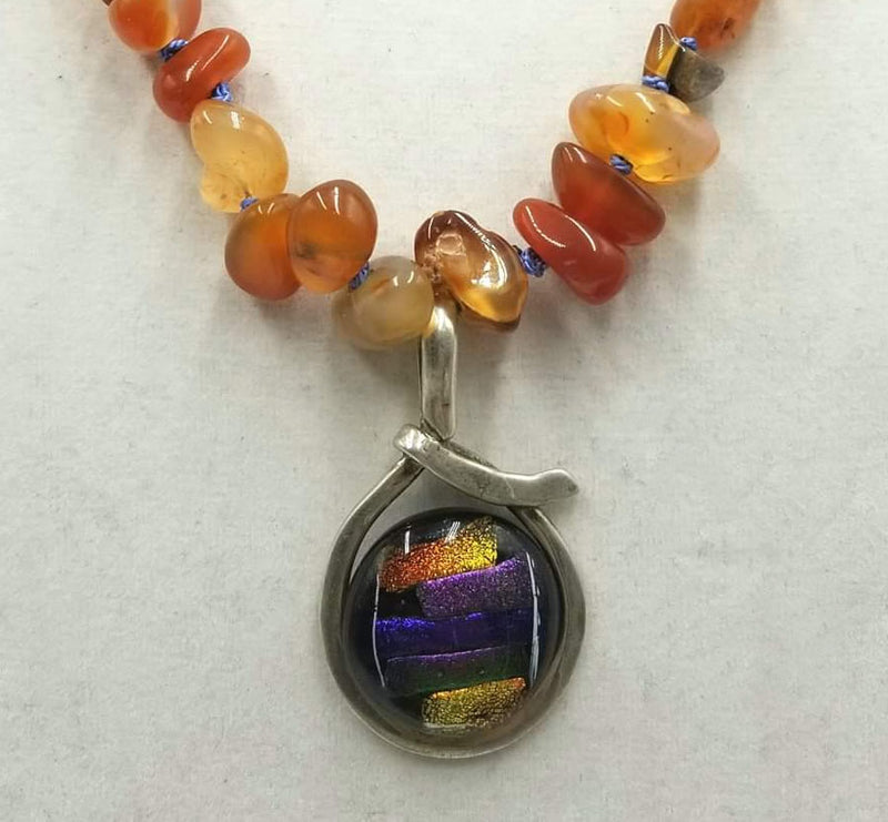 Vintage carnelian & fire opal necklace with bold dichroic glass & ster