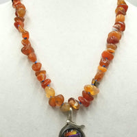 Vintage carnelian & fire opal necklace with bold dichroic glass & sterling silver pendant. 27.5" Length.