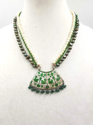 "Nightingale's Song" Bi-tone pearl, Czech glass, & vintage enameled 800 silver pendant necklace on crimson silk.