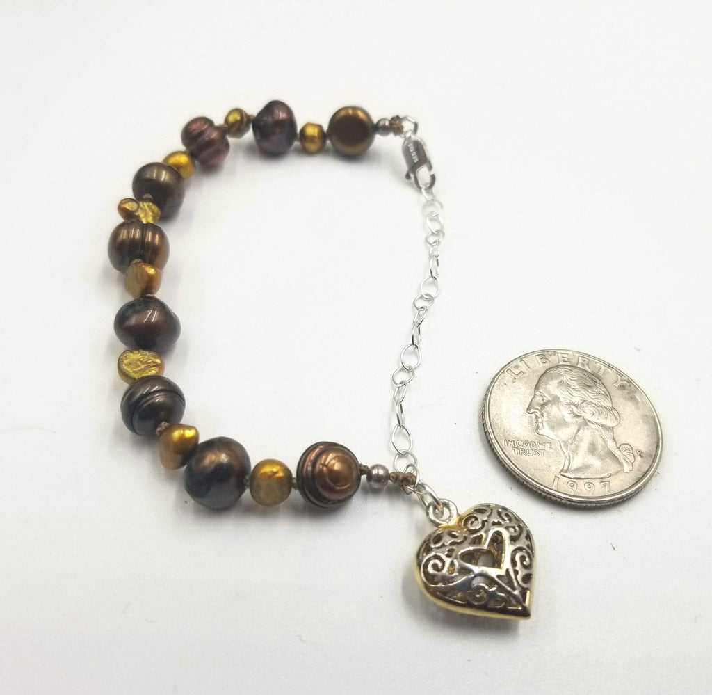 Bronze & brasstone pearl bracelet with sterling silver heart. Adjustable.