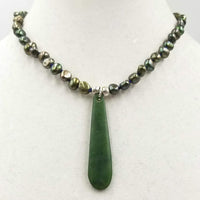 "Willamette Valley Winter" A homage to the valley's green & grey winters with spinach jade & pearls. 17.25" Princess length.