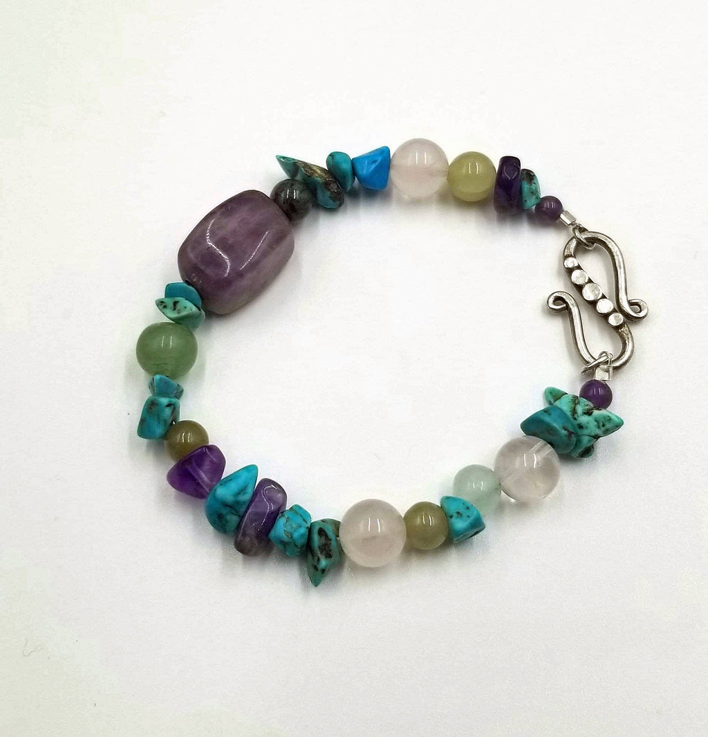 Amethyst, jadeite, dyed howlite, and rose quartz sterling silver bracelet.  6.75"