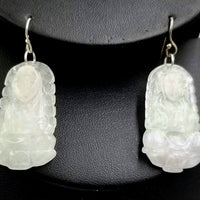 Vegan. Gorgeous Pair of Serene Buddha icy jadeite & sterling silver pendant earrings.